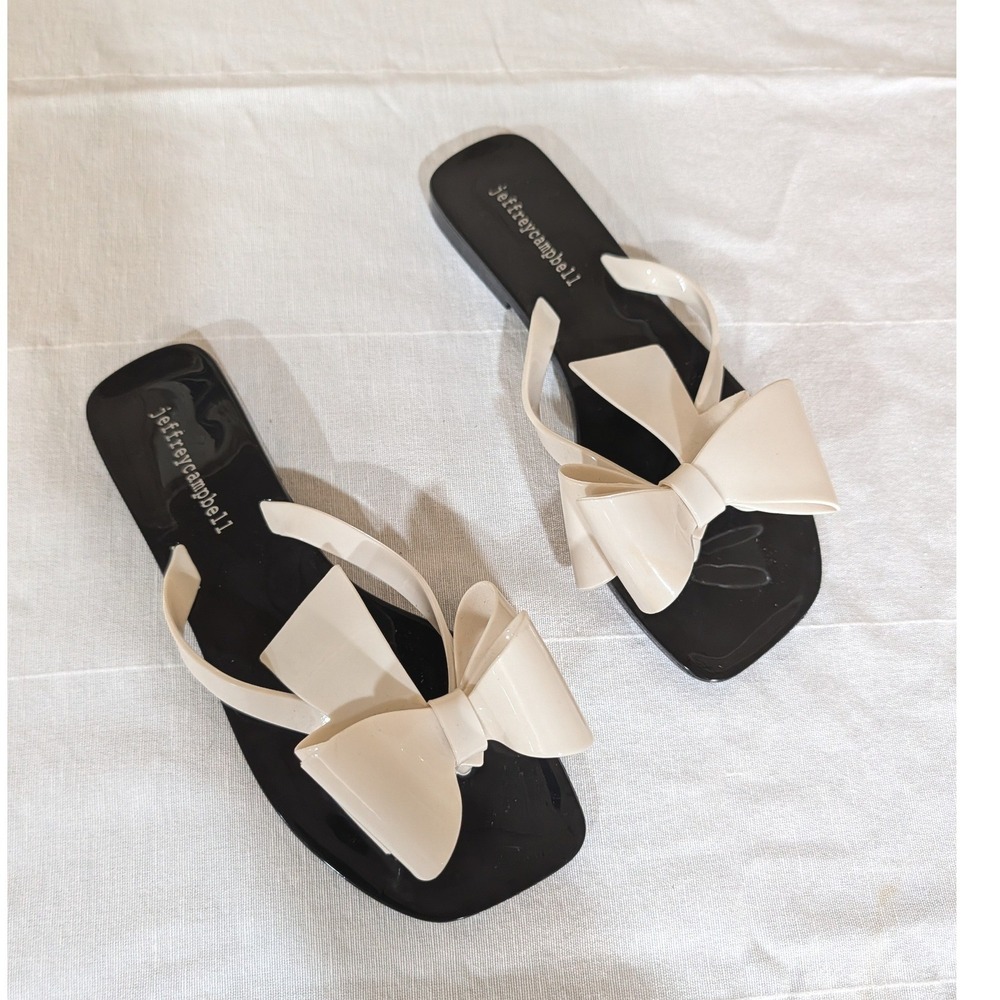 Jeffrey Campbell Jelly Bow Flip Flop‎ Sandals Black Cream Square Toe Womens 7